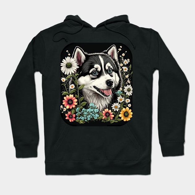 Alaskan Malamute Dog and Flowers Hoodie by kansaikate